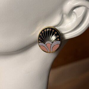 Laurel Burch Kirin Art Deco Button Stud Earrings Gold Plate Enamel A94